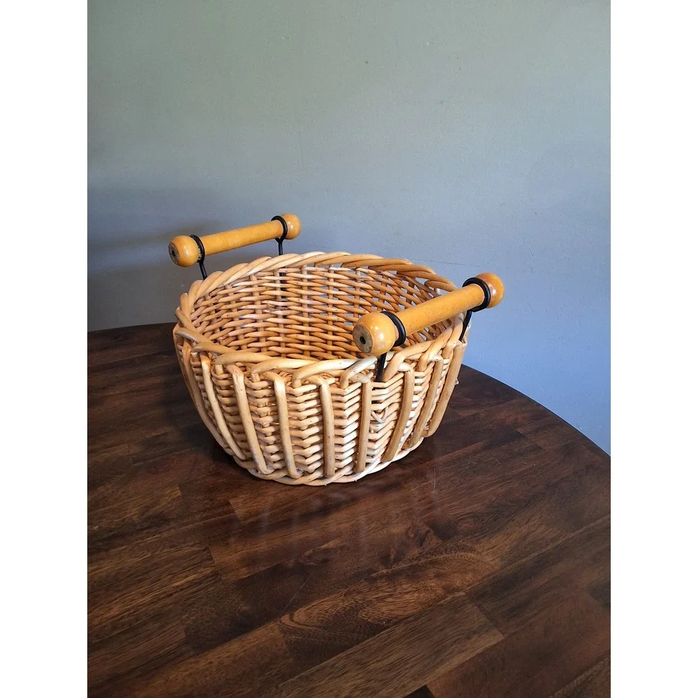 Vintage Round Wicker Basket with Wood Dowel Handles Natural Rattan Storage 10in